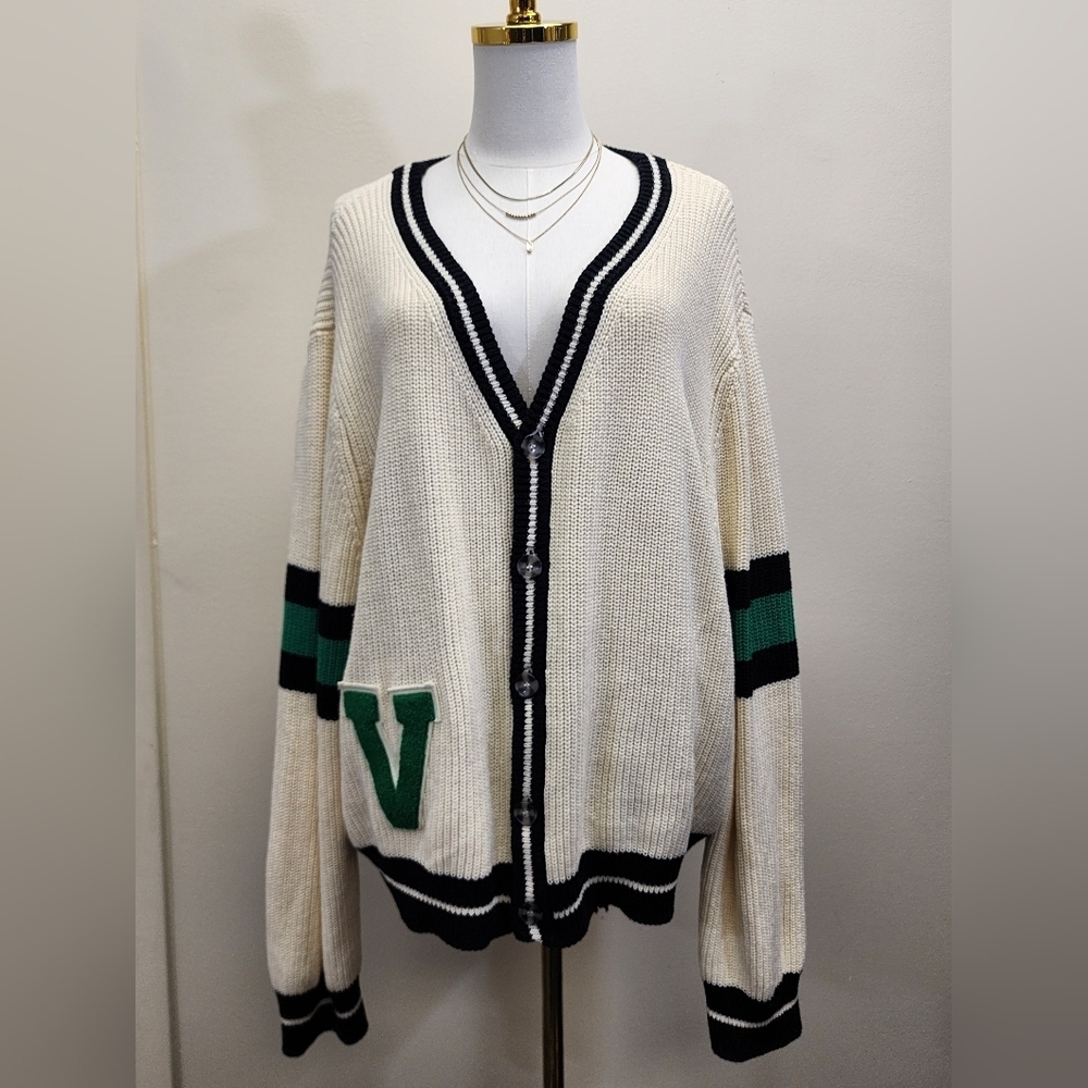 Callahan Varsity Letter Cardigan Chunky Knit Cream Preppy Sweater Size 1X